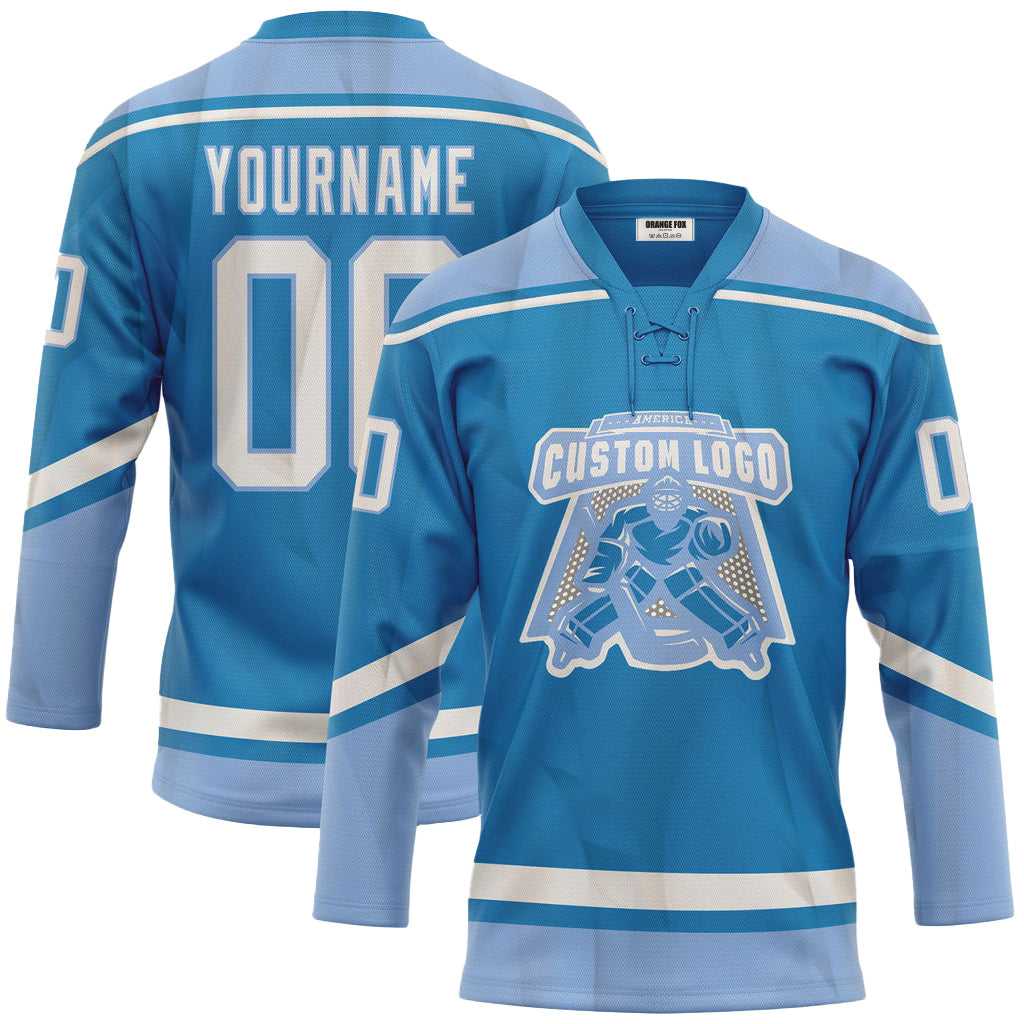 Custom Blue White-Light Lace Neck Hockey Jersey For Men & Women