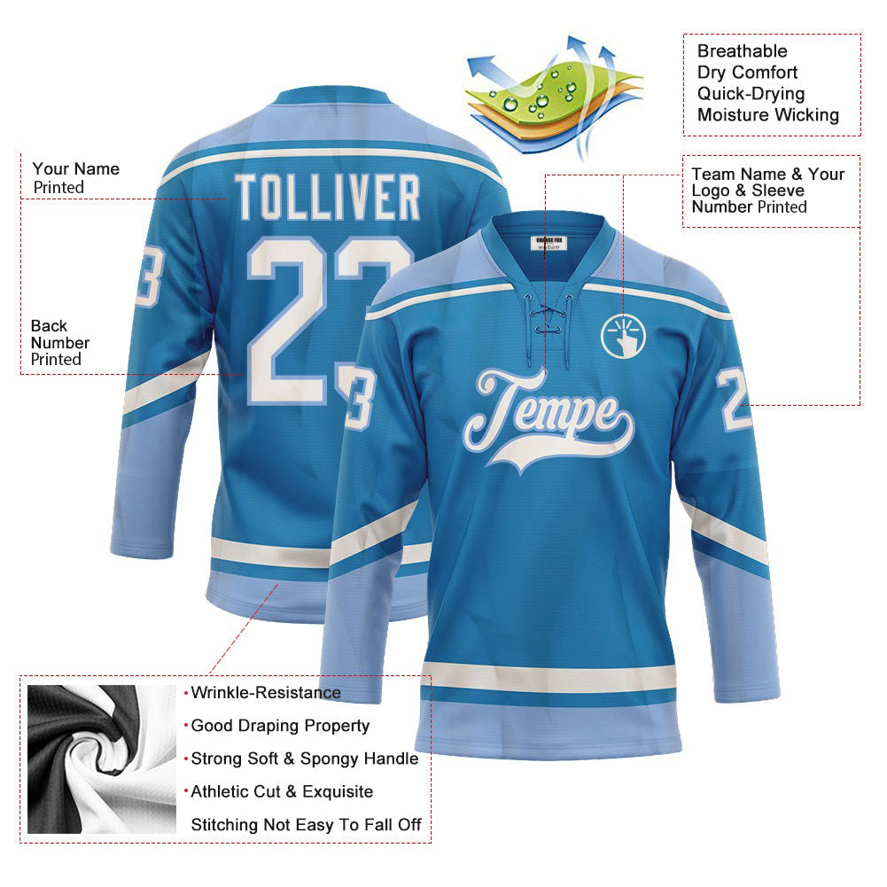 Custom Blue White-Light Lace Neck Hockey Jersey For Men & Women