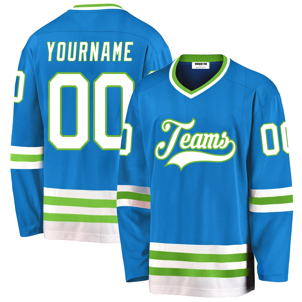 Custom Blue White-Neon Green V Neck Hockey Jersey For Men & Women