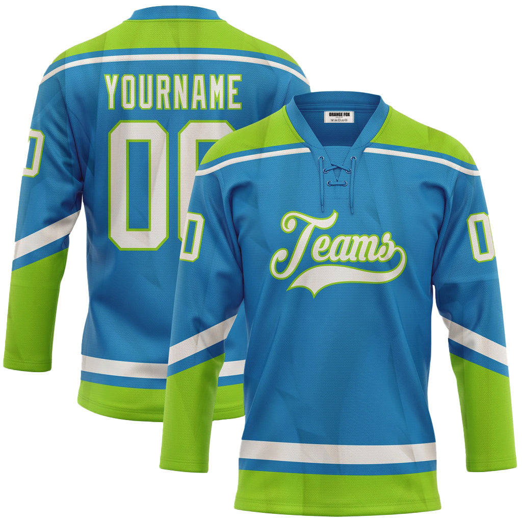 Custom Blue White-Neon Green Lace Neck Hockey Jersey For Men & Women