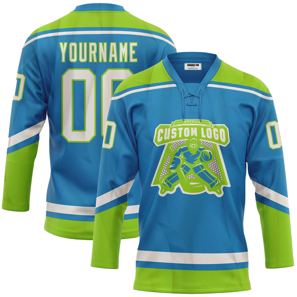 Custom Blue White-Neon Green Lace Neck Hockey Jersey For Men & Women