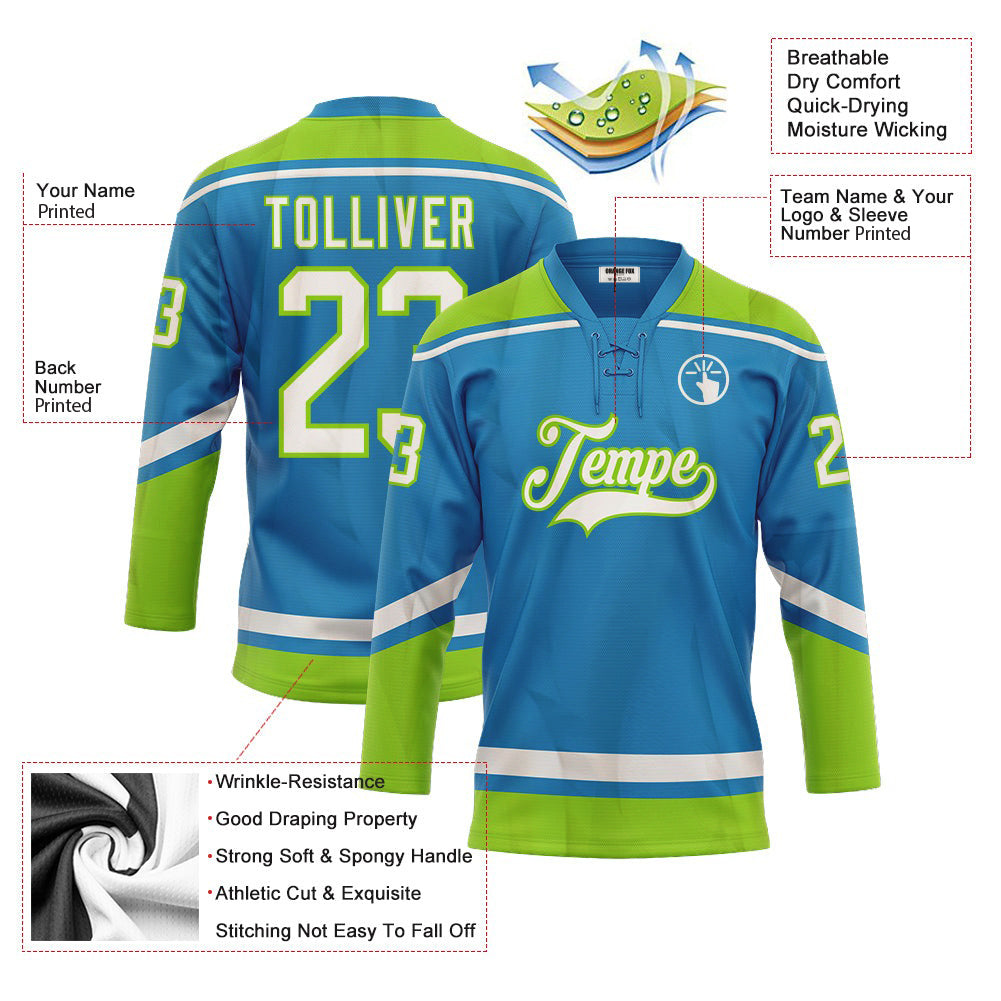 Custom Blue White-Neon Green Lace Neck Hockey Jersey For Men & Women