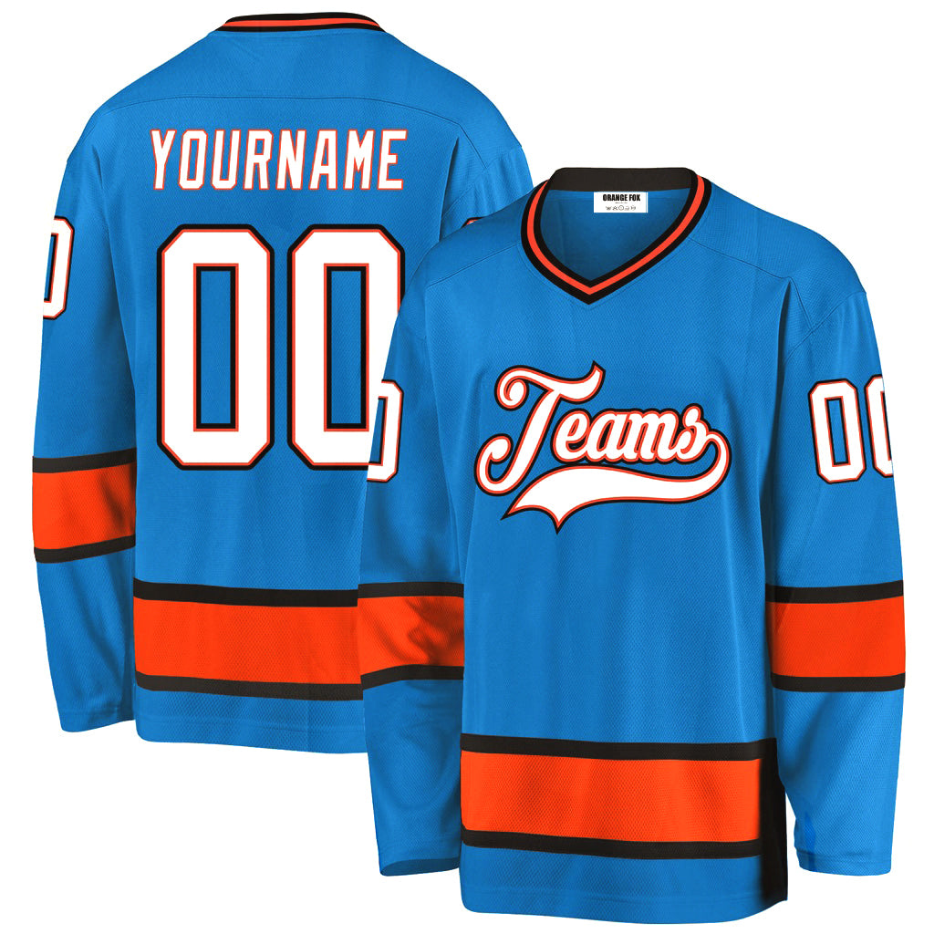 Custom Blue White-Orange V Neck Hockey Jersey For Men & Women