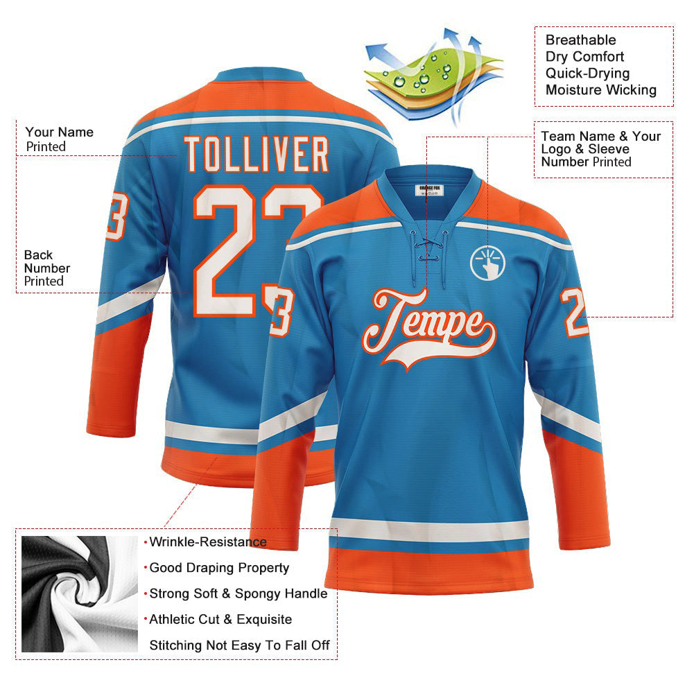 Custom Blue White-Orange Lace Neck Hockey Jersey For Men & Women