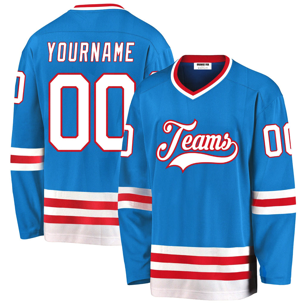 Custom Blue White-Red V Neck Hockey Jersey For Men & Women