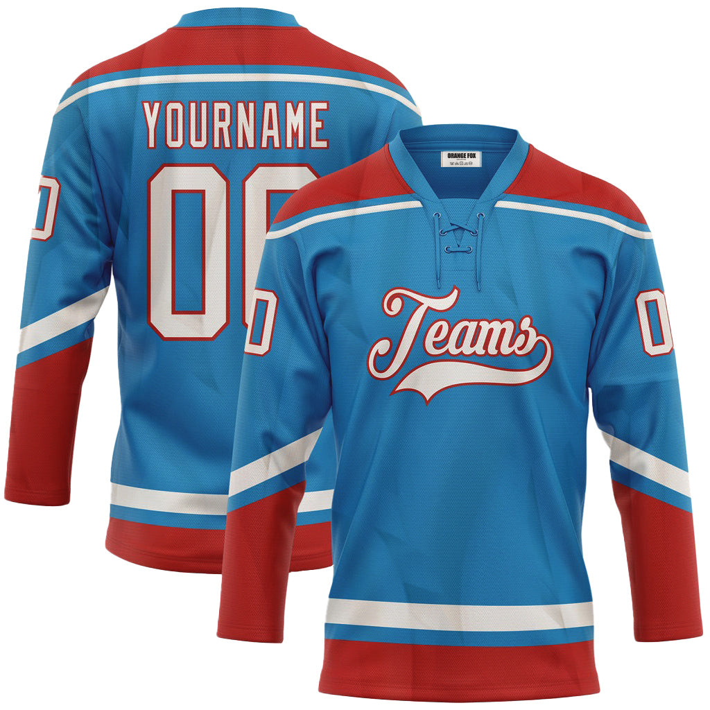 Custom Blue White-Red Lace Neck Hockey Jersey For Men & Women