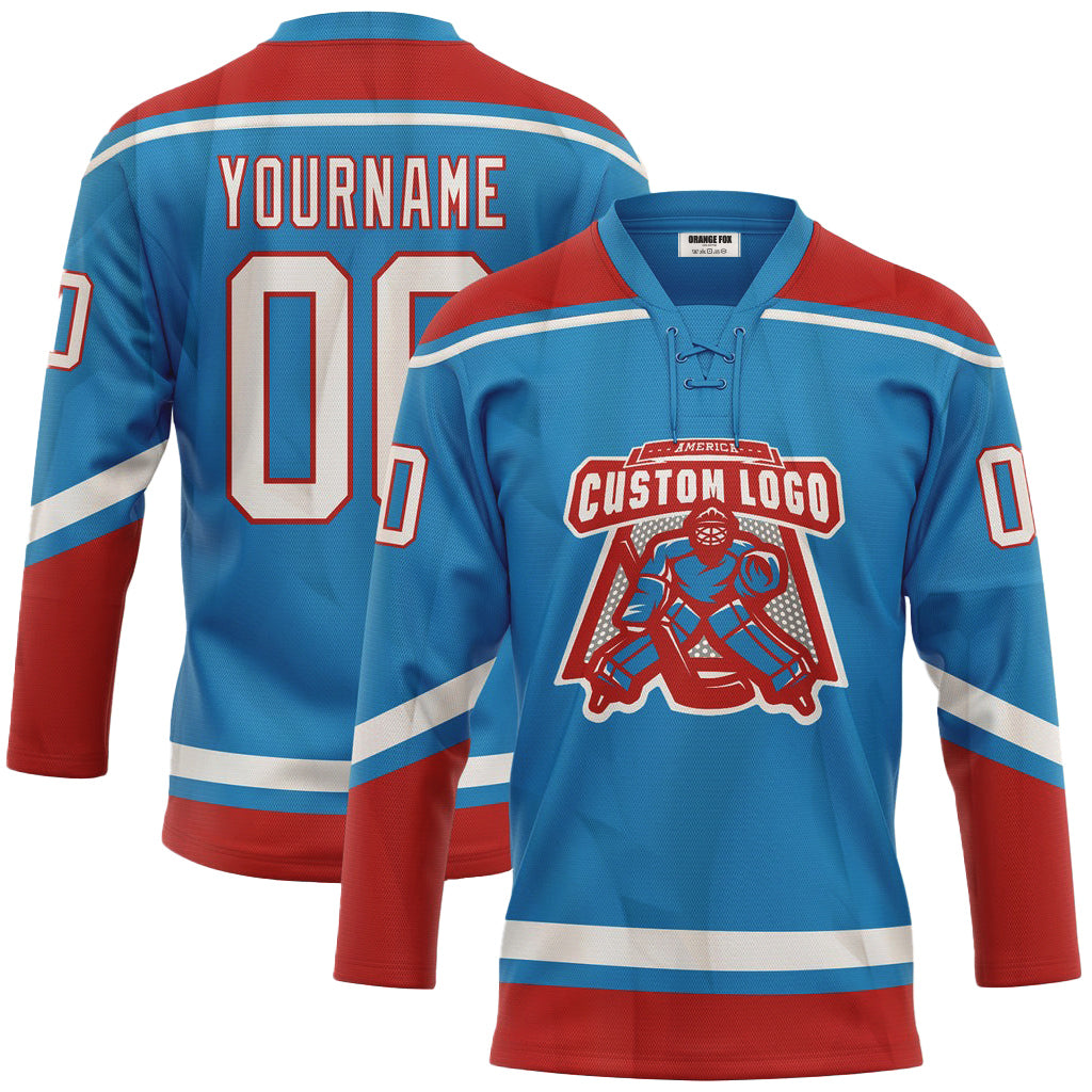 Custom Blue White-Red Lace Neck Hockey Jersey For Men & Women