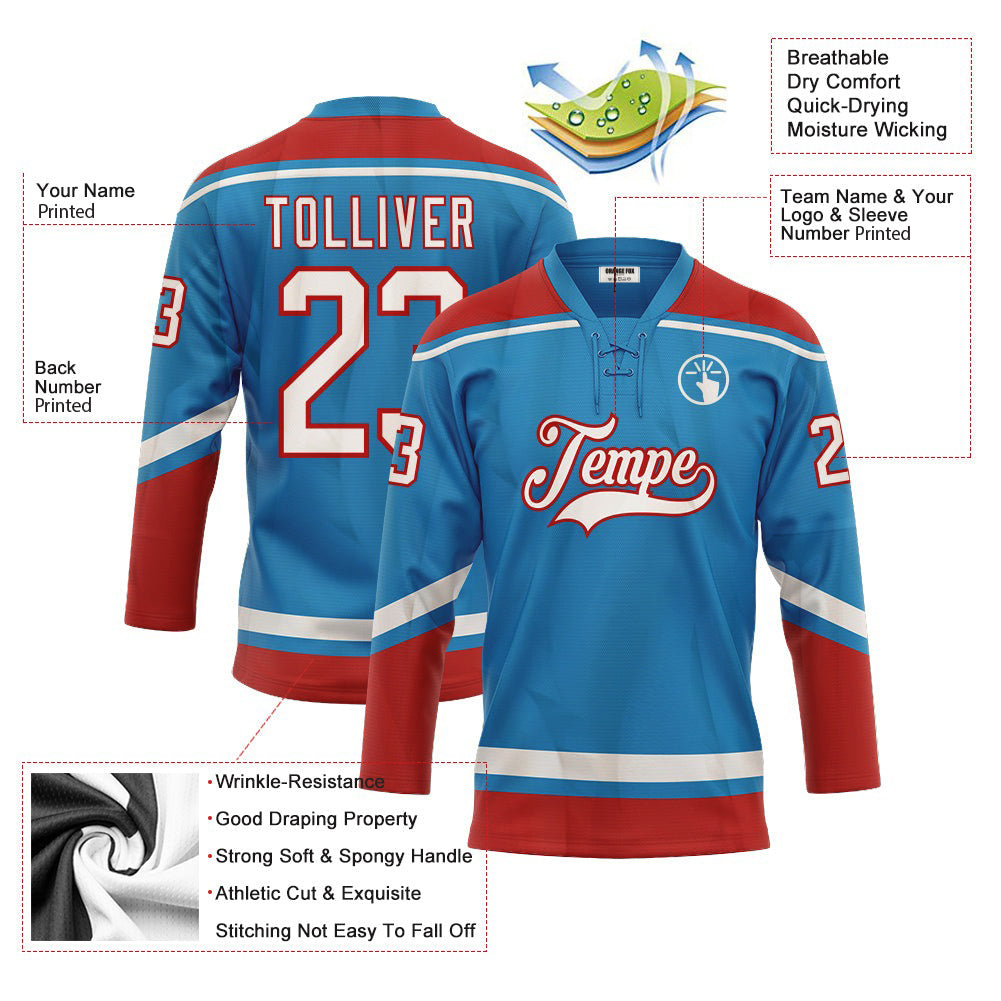 Custom Blue White-Red Lace Neck Hockey Jersey For Men & Women