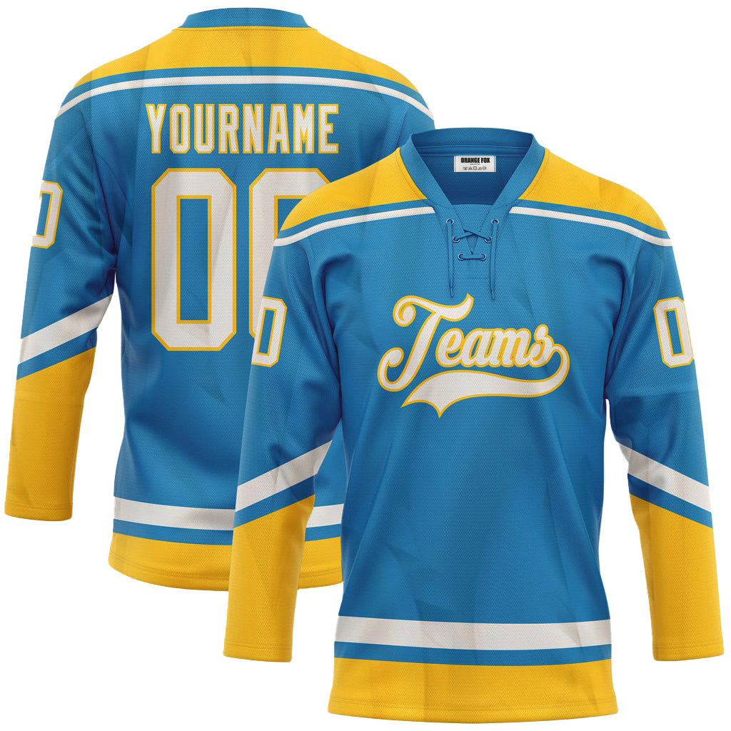 Custom Blue White-Yellow Lace Neck Hockey Jersey For Men & Women