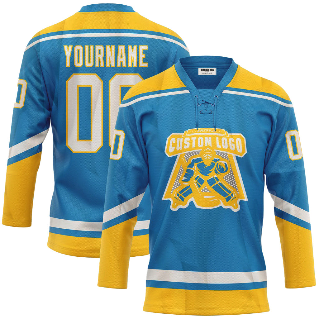 Custom Blue White-Yellow Lace Neck Hockey Jersey For Men & Women