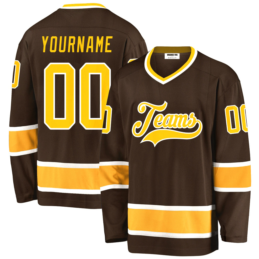 Custom Brown Gold-White V Neck Hockey Jersey For Men & Women