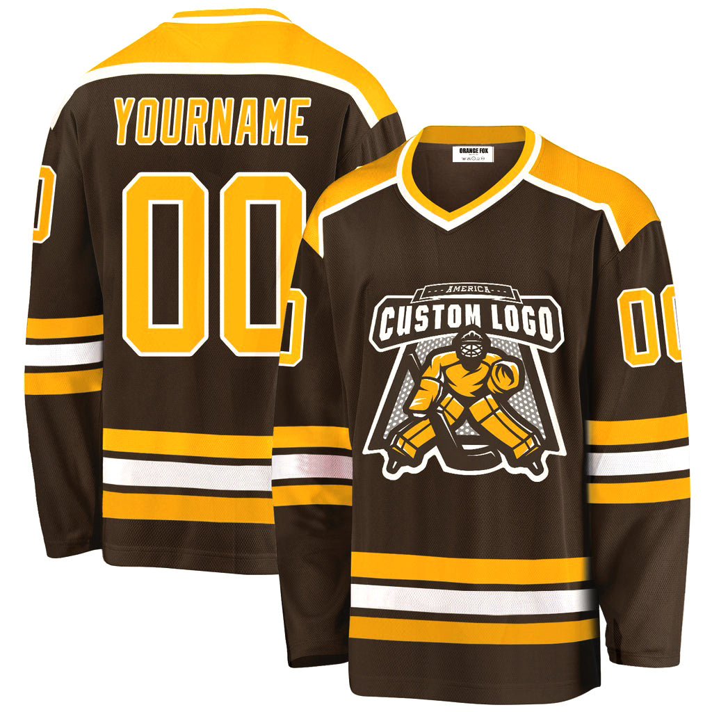 Custom Brown Gold-White V Neck Hockey Jersey For Men & Women