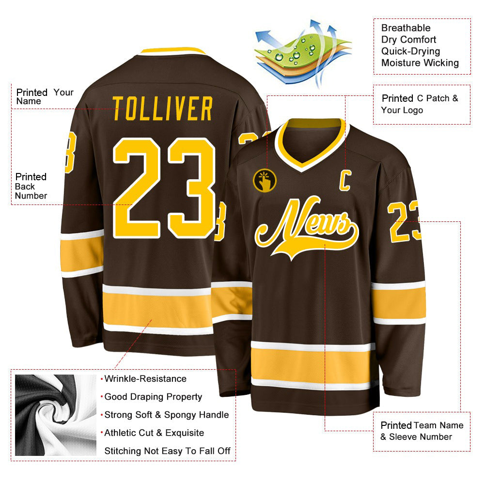 Custom Brown Gold-White V Neck Hockey Jersey For Men & Women