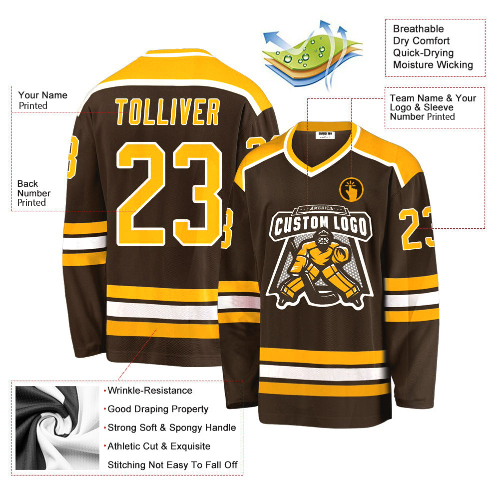 Custom Brown Gold-White V Neck Hockey Jersey For Men & Women