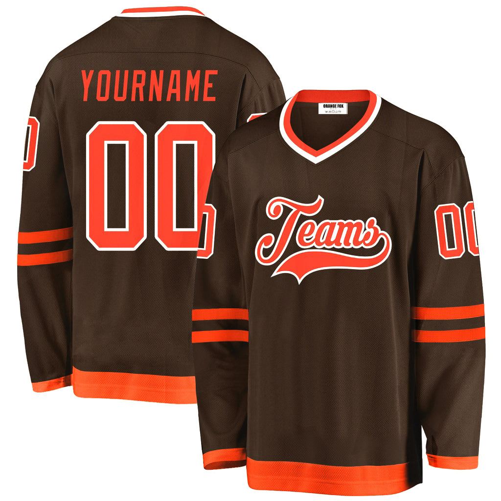 Custom Brown Orange- White V Neck Hockey Jersey For Men & Women