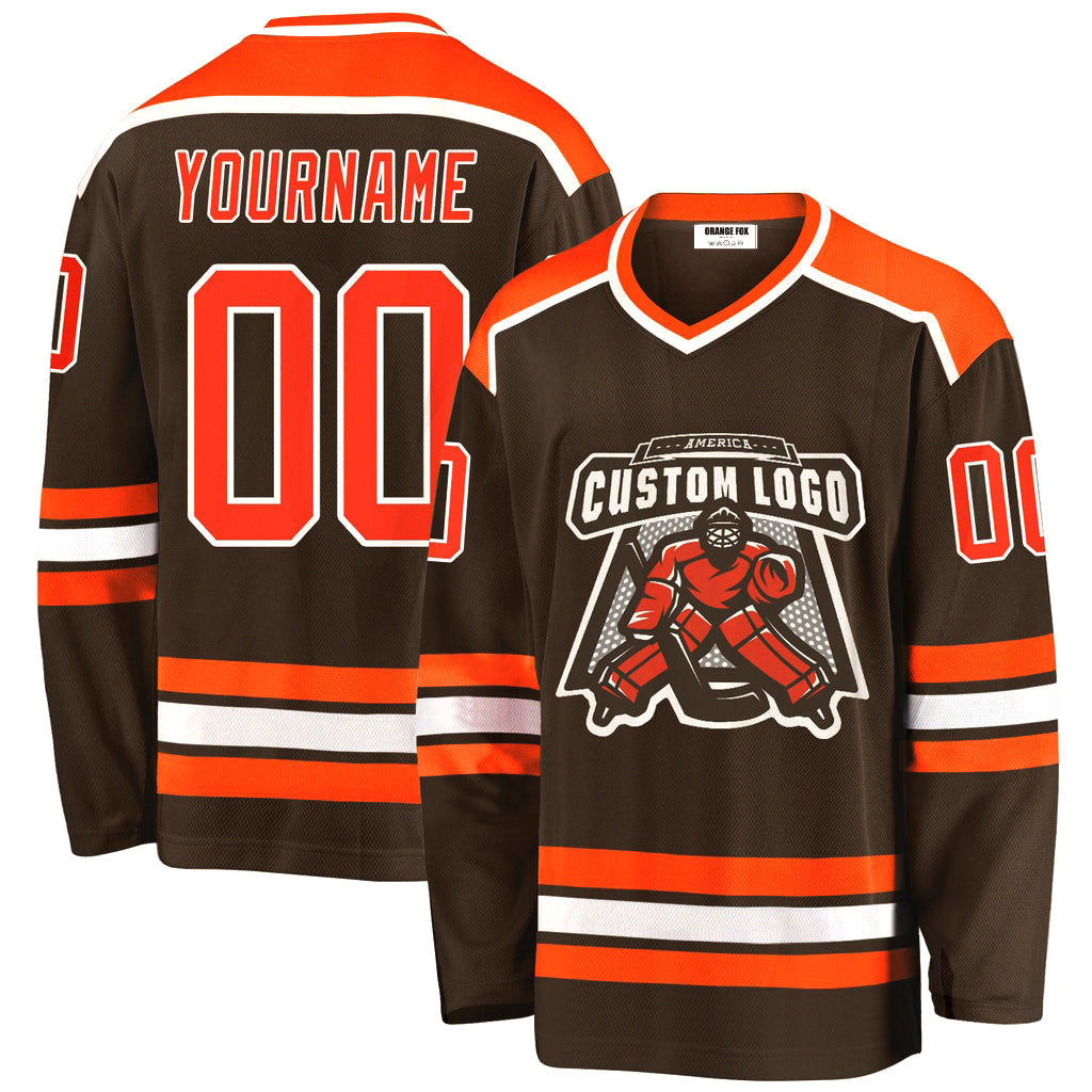 Custom Brown Orange-White V Neck Hockey Jersey For Men & Women