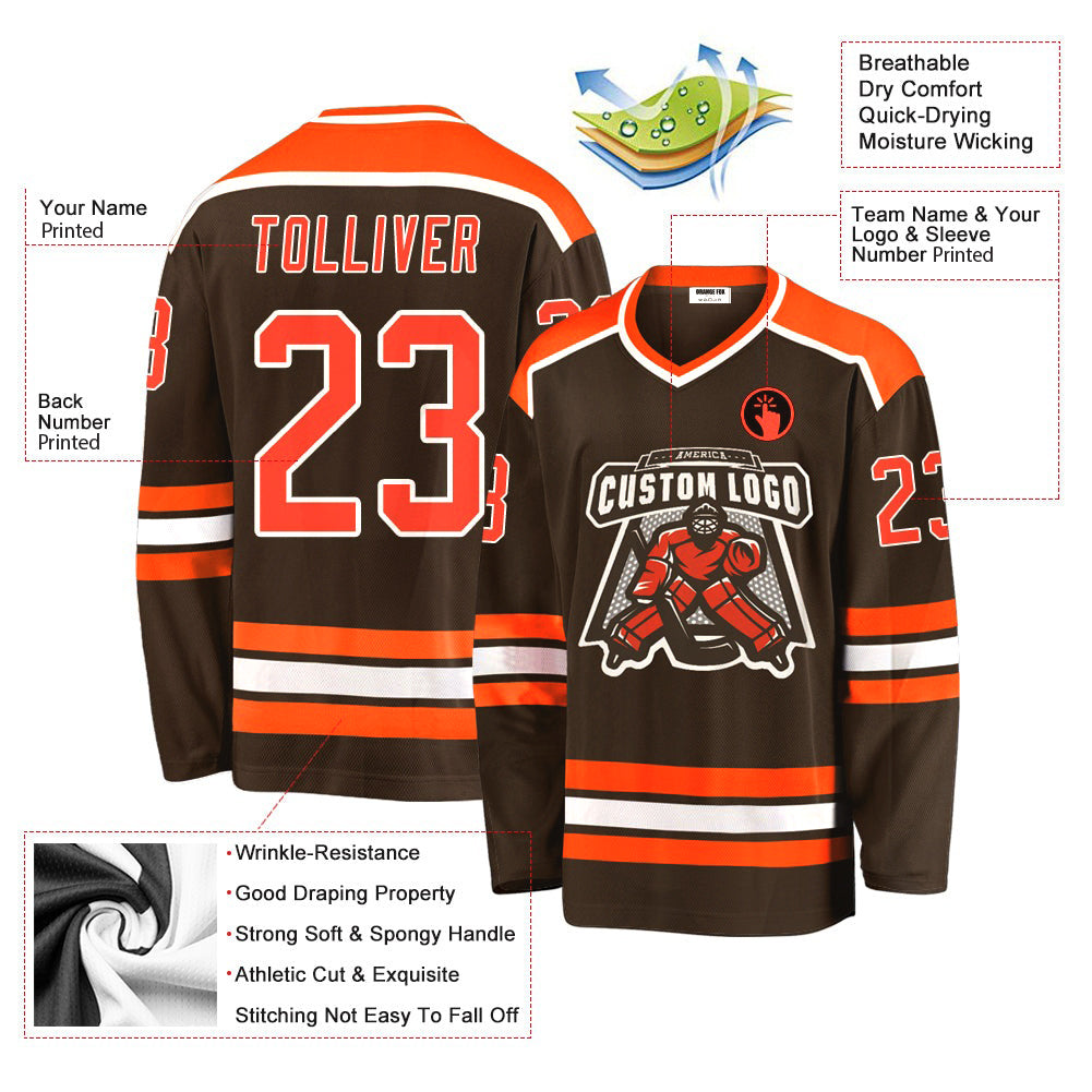 Custom Brown Orange-White V Neck Hockey Jersey For Men & Women