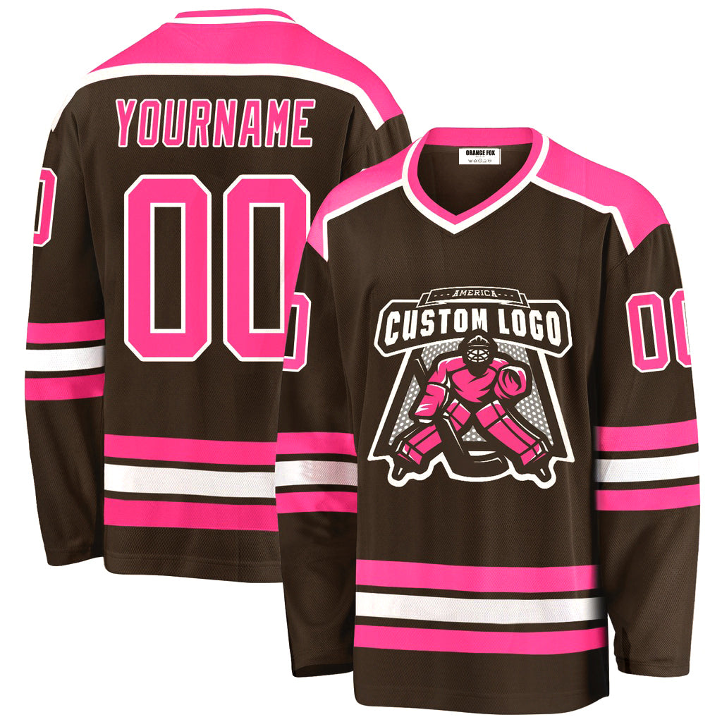 Custom Brown Pink-White V Neck Hockey Jersey For Men & Women