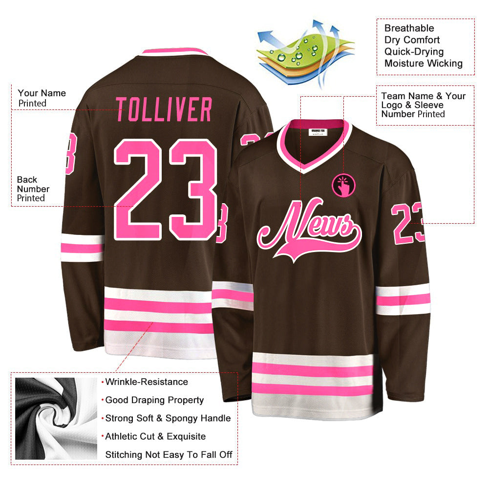 Custom Brown  Pink-White V Neck Hockey Jersey For Men & Women