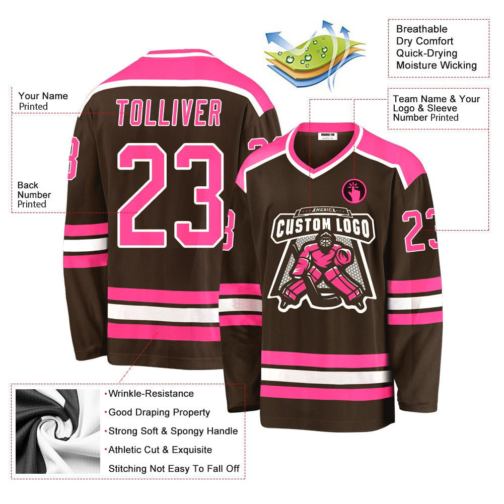 Custom Brown Pink-White V Neck Hockey Jersey For Men & Women