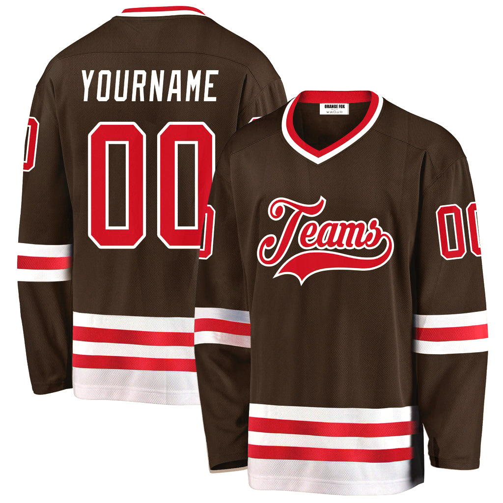 Custom Brown Red - White V Neck Hockey Jersey For Men & Women