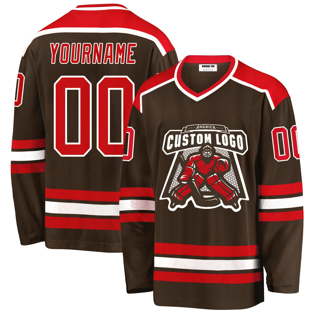 Custom Brown Red-White V Neck Hockey Jersey For Men & Women