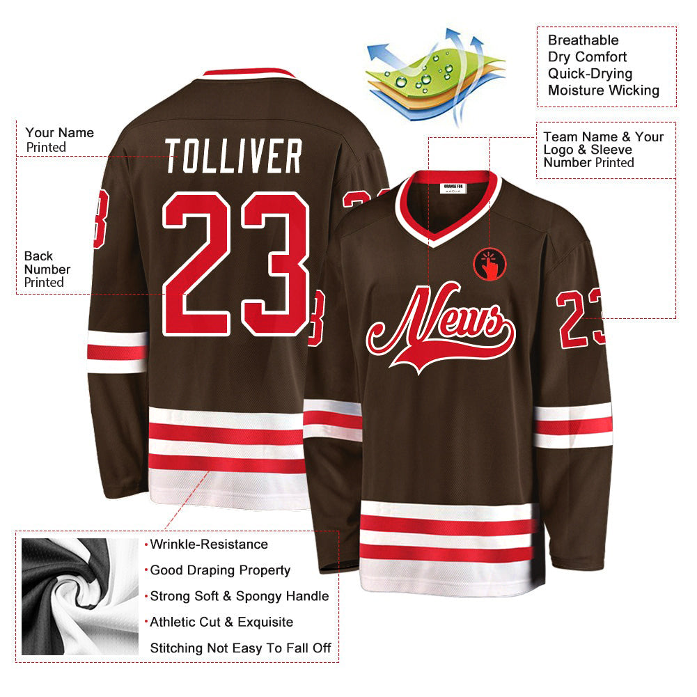 Custom Brown Red - White V Neck Hockey Jersey For Men & Women