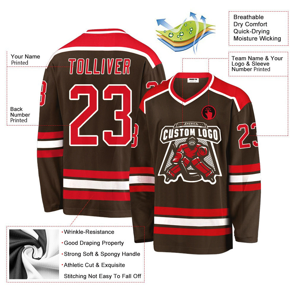 Custom Brown Red-White V Neck Hockey Jersey For Men & Women