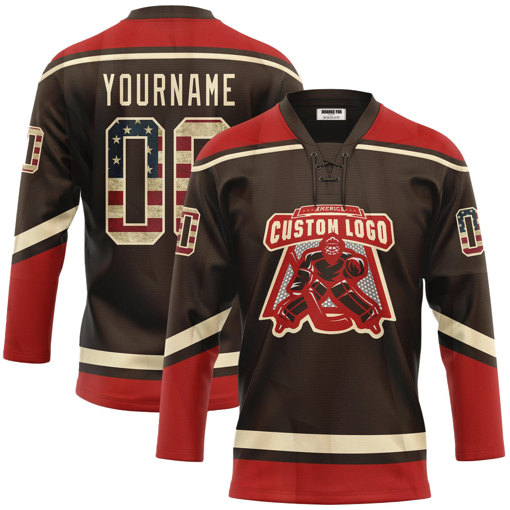 Custom Brown Vintage USA Flag Cream-Red Lace Neck Hockey Jersey For Men & Women