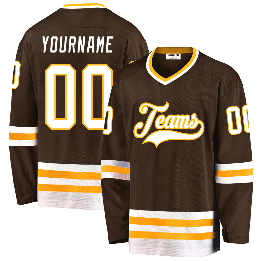 Custom Brown White-Gold V Neck Hockey Jersey For Men & Women