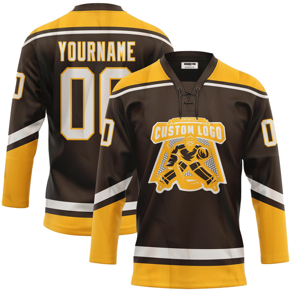 Custom Brown White-Gold Lace Neck Hockey Jersey For Men & Women