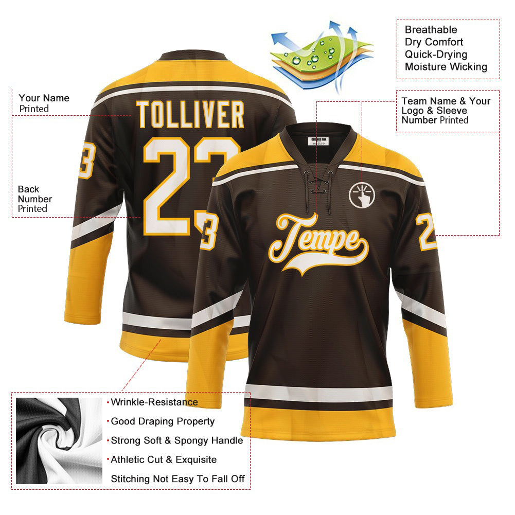 Custom Brown White-Gold Lace Neck Hockey Jersey For Men & Women