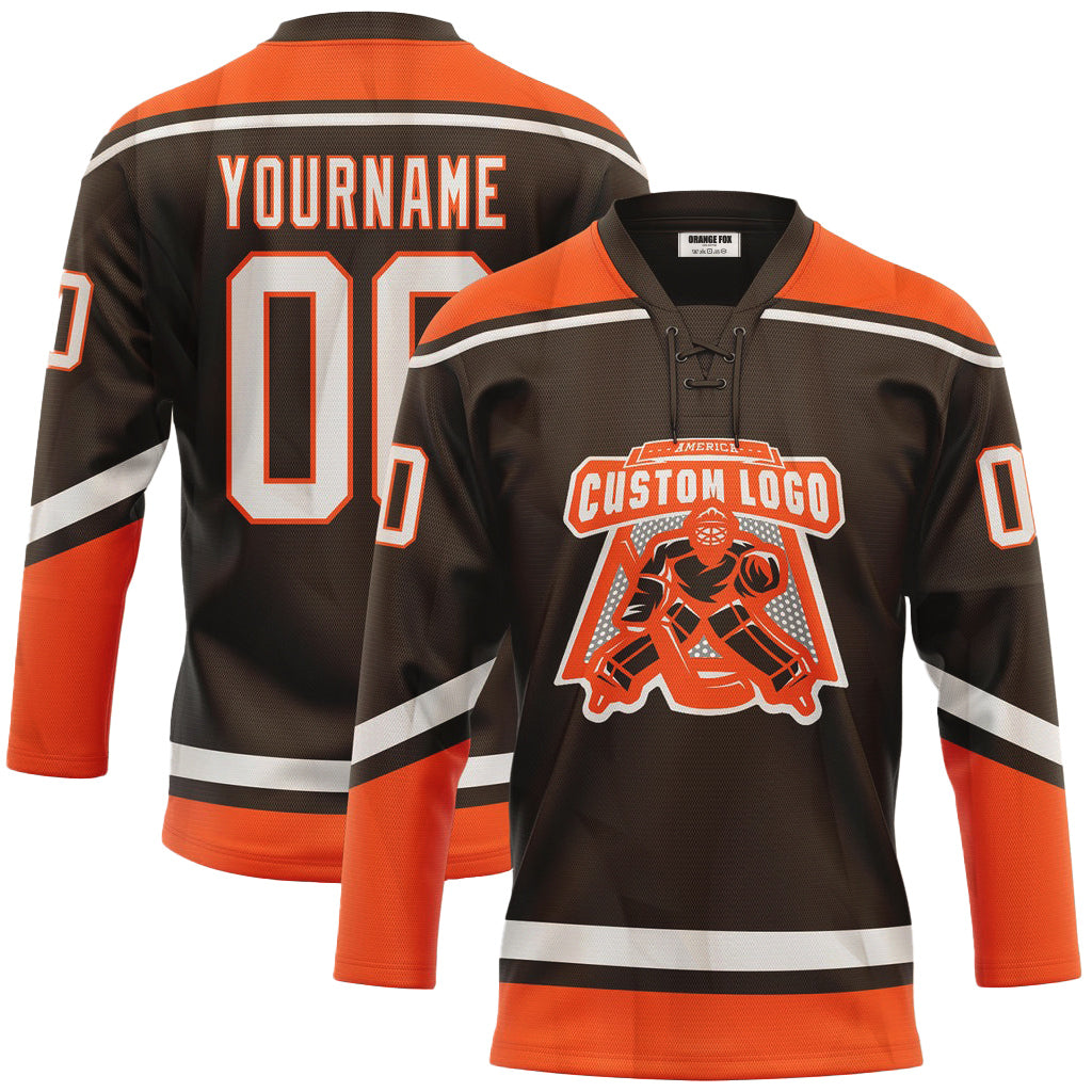 Custom Brown White-Orange Lace Neck Hockey Jersey For Men & Women