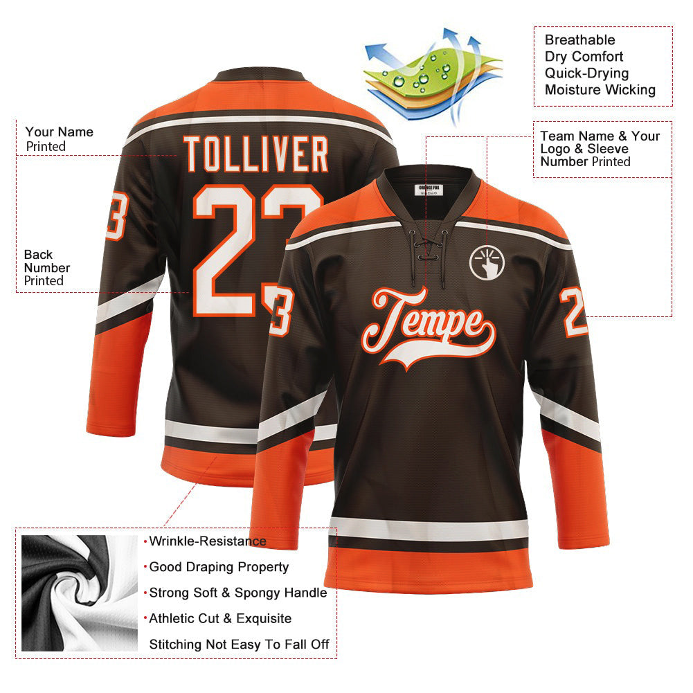 Custom Brown White-Orange Lace Neck Hockey Jersey For Men & Women