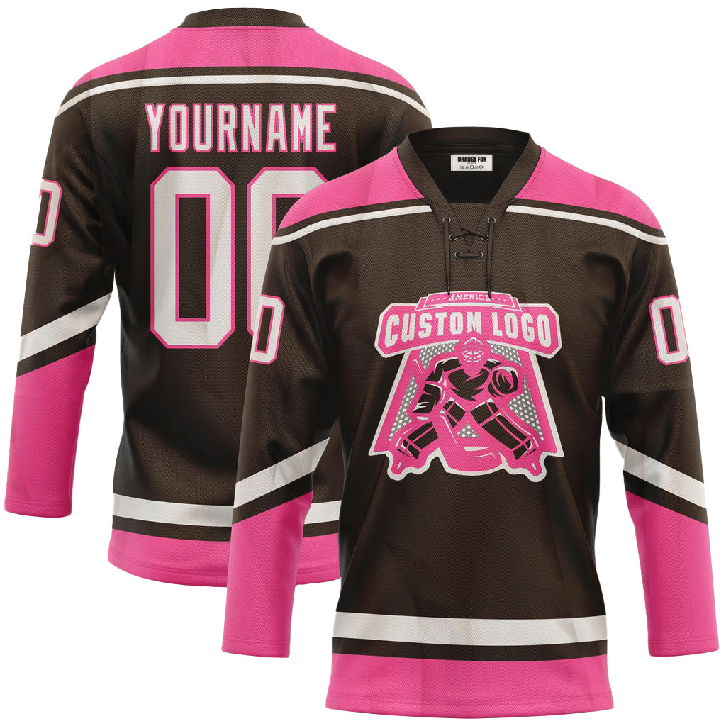 Custom Brown White-Pink Lace Neck Hockey Jersey For Men & Women