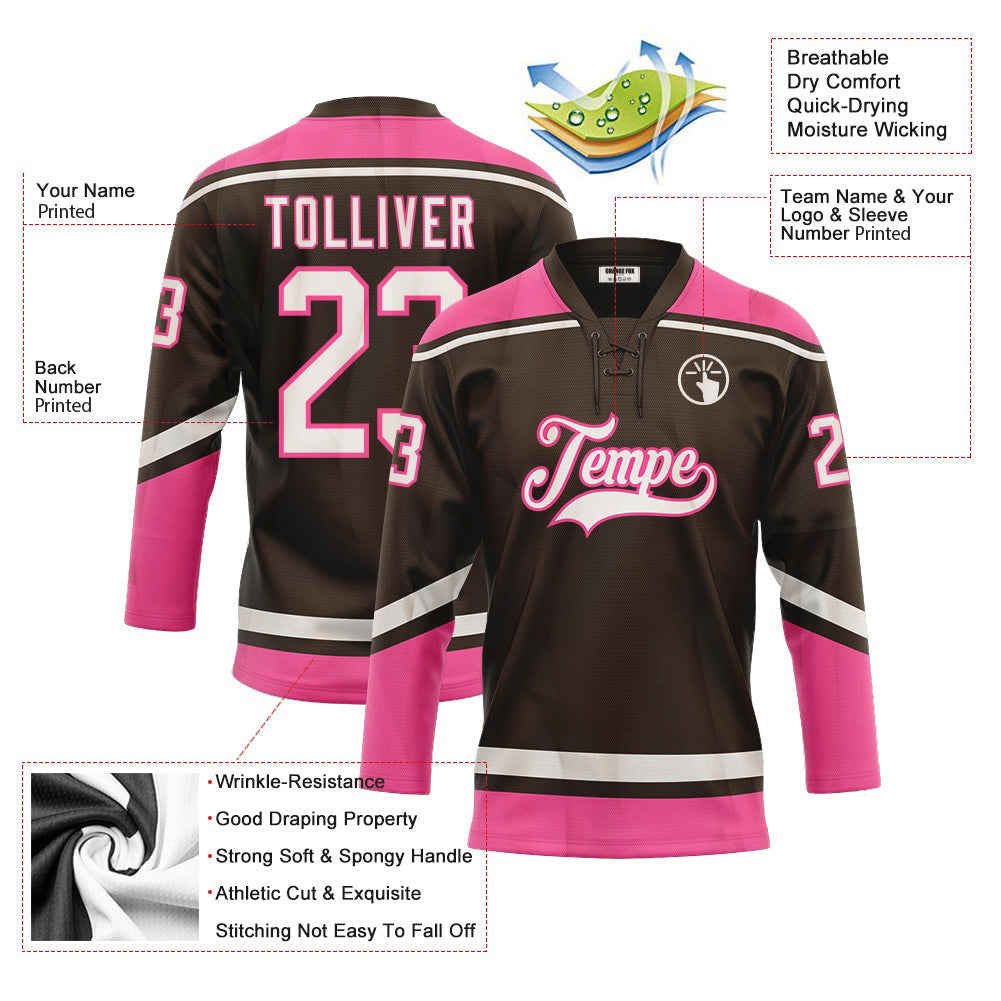 Custom Brown White-Pink Lace Neck Hockey Jersey For Men & Women