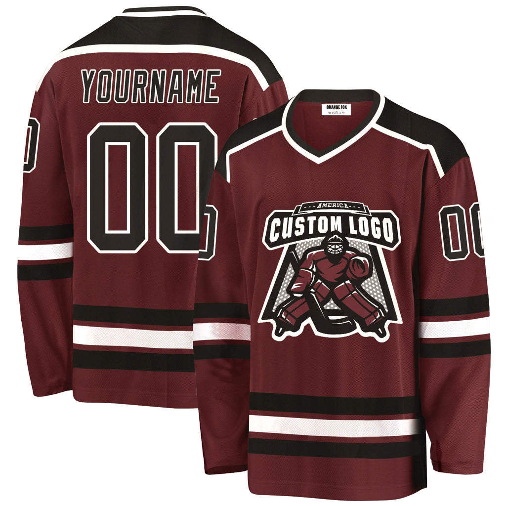 Custom Burgundy Black-White V Neck Hockey Jersey For Men & Women