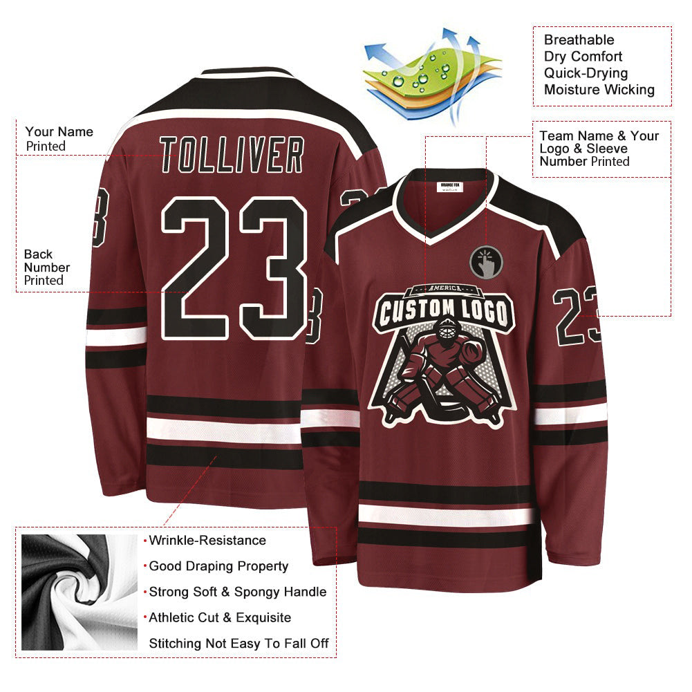 Custom Burgundy Black-White V Neck Hockey Jersey For Men & Women