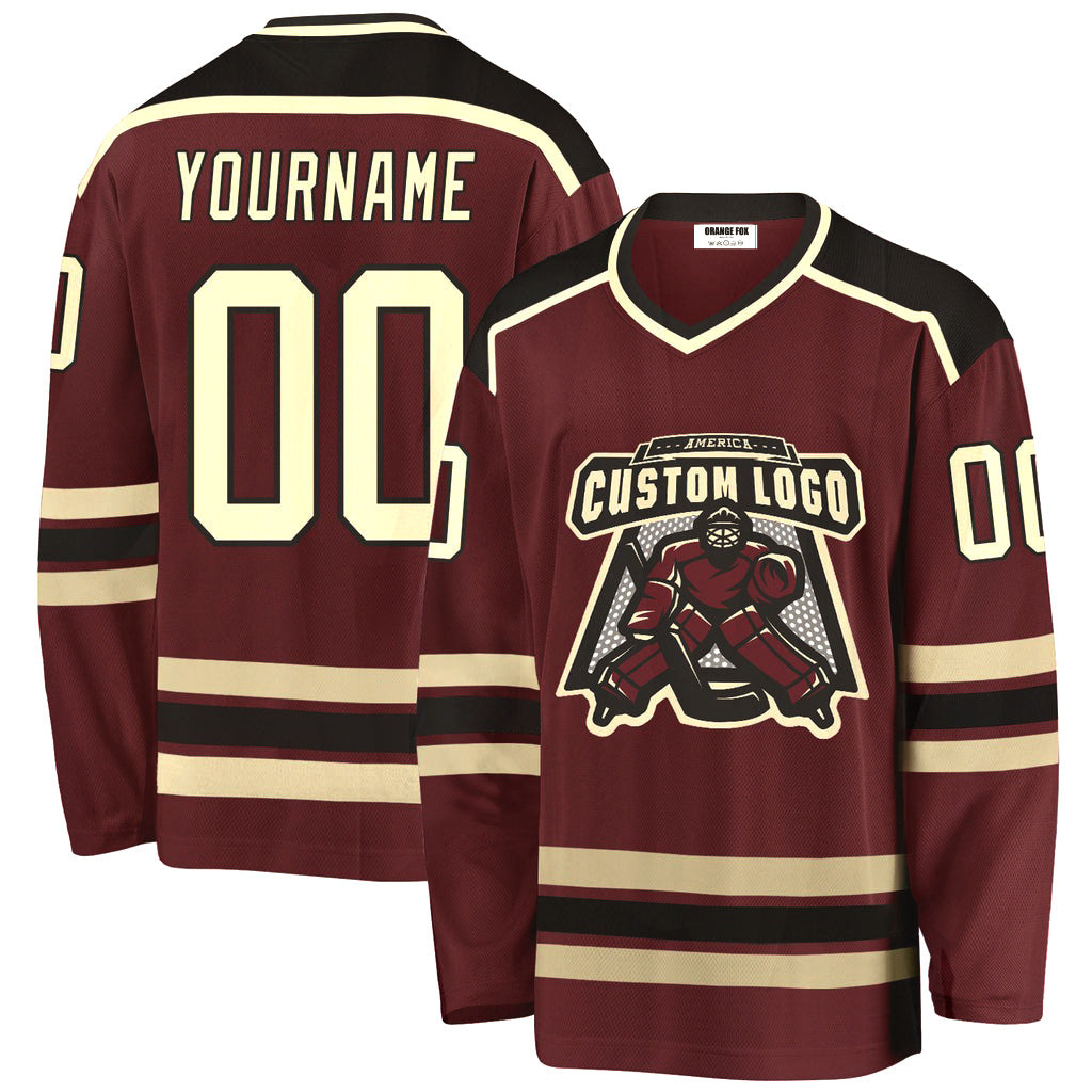 Custom Burgundy Cream-Black V Neck Hockey Jersey For Men & Women