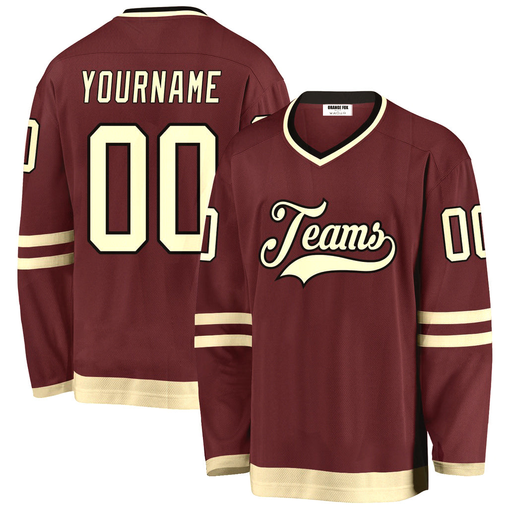 Custom Burgundy Cream-Black V Neck Hockey Jersey For Men & Women