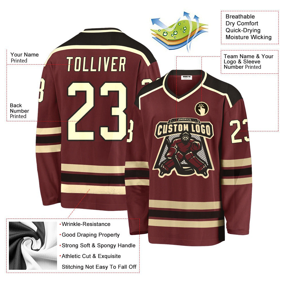 Custom Burgundy Cream-Black V Neck Hockey Jersey For Men & Women