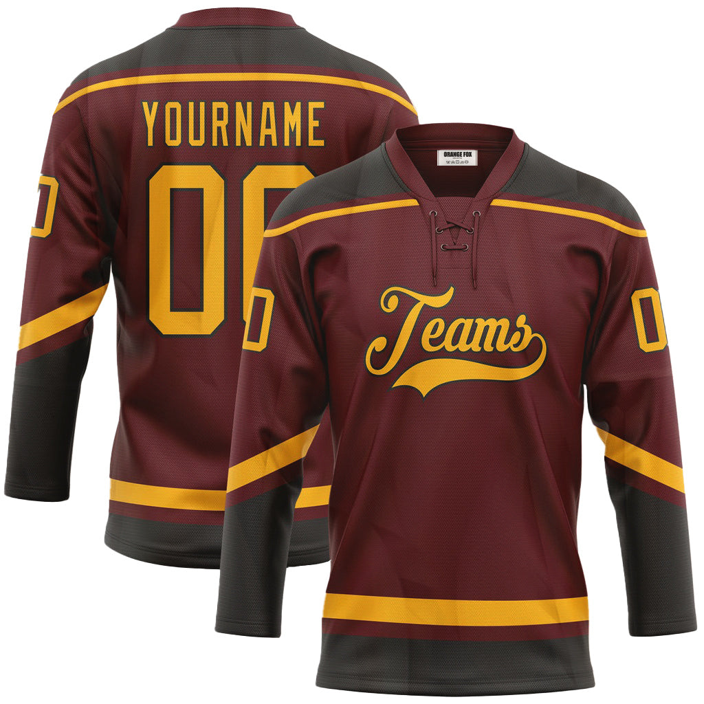 Custom Burgundy Gold-Black Lace Neck Hockey Jersey For Men & Women