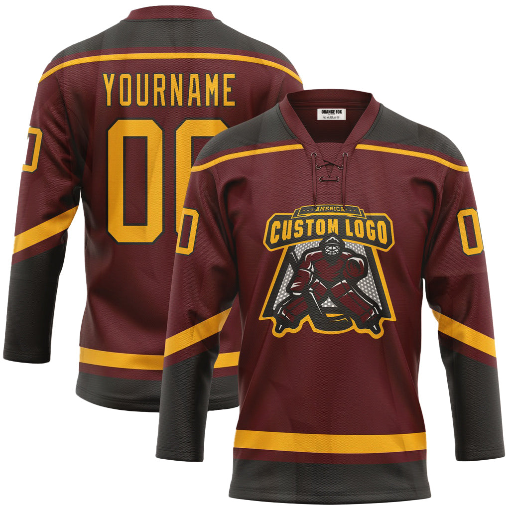 Custom Burgundy Gold-Black Lace Neck Hockey Jersey For Men & Women