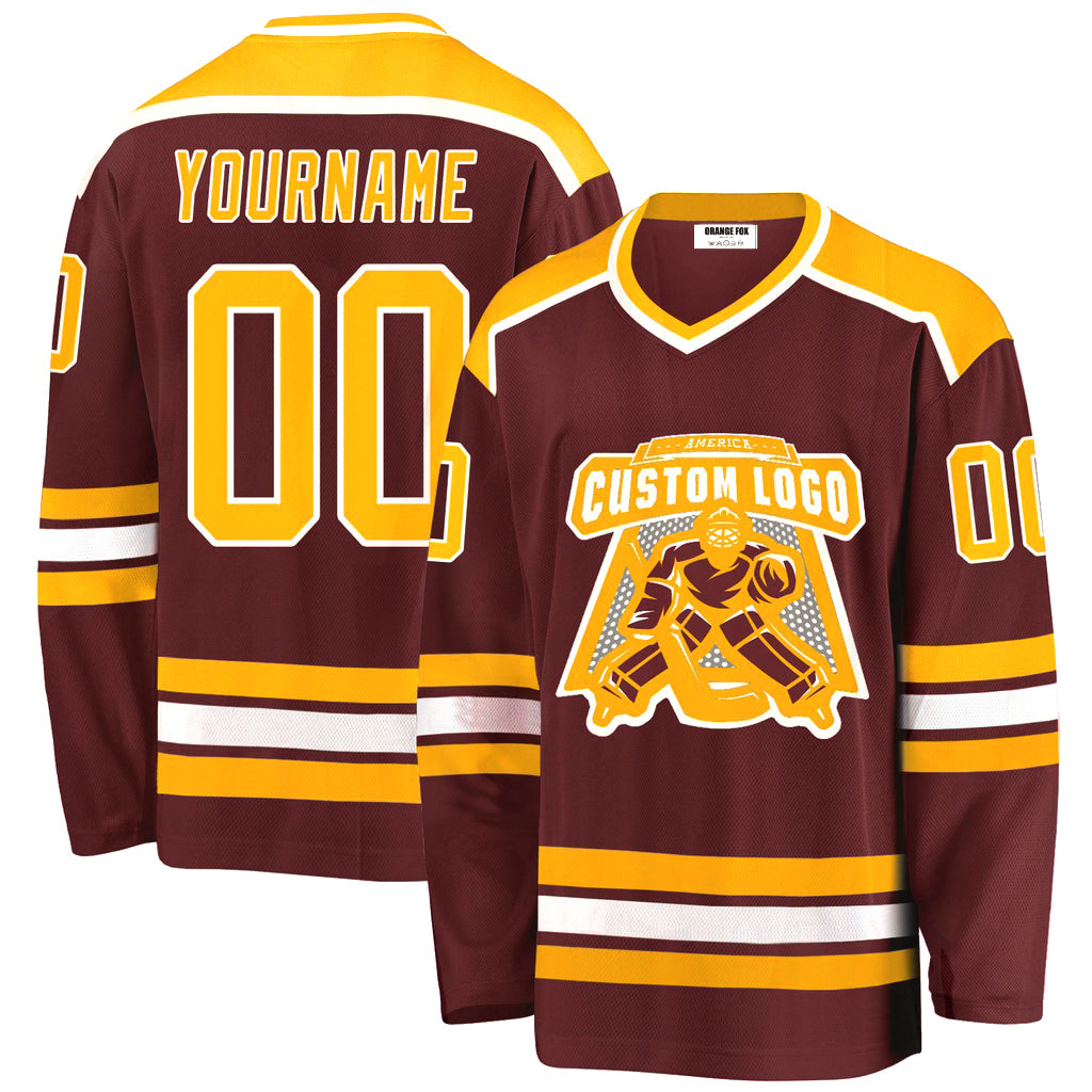 Custom Burgundy Gold-White V Neck Hockey Jersey For Men & Women