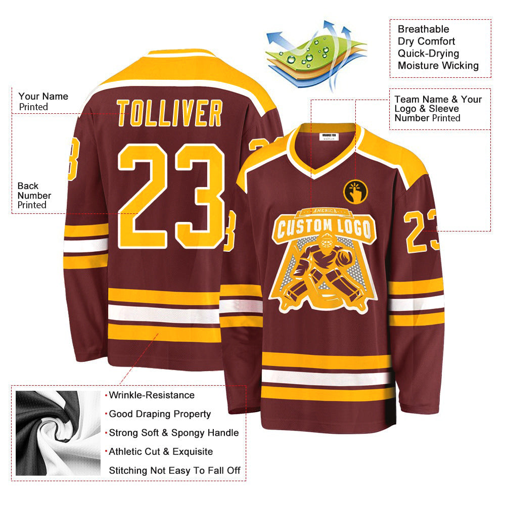 Custom Burgundy Gold-White V Neck Hockey Jersey For Men & Women