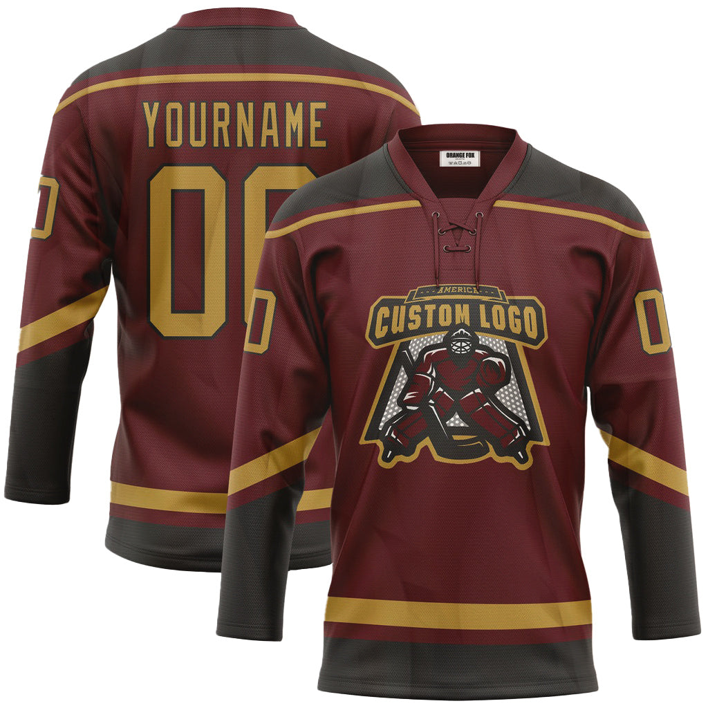 Custom Burgundy Old Gold-Black Lace Neck Hockey Jersey For Men & Women