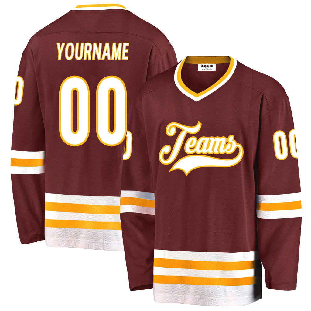 Custom Burgundy White-Gold V Neck Hockey Jersey For Men & Women