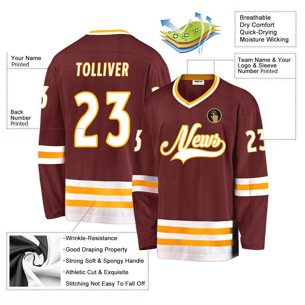 Custom Burgundy White-Gold V Neck Hockey Jersey For Men & Women