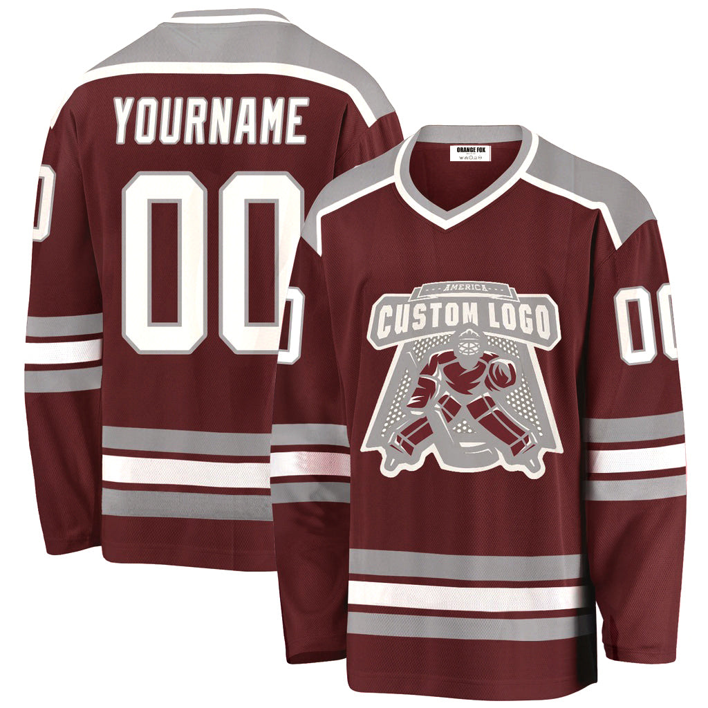 Custom Burgundy White-Gray V Neck Hockey Jersey For Men & Women