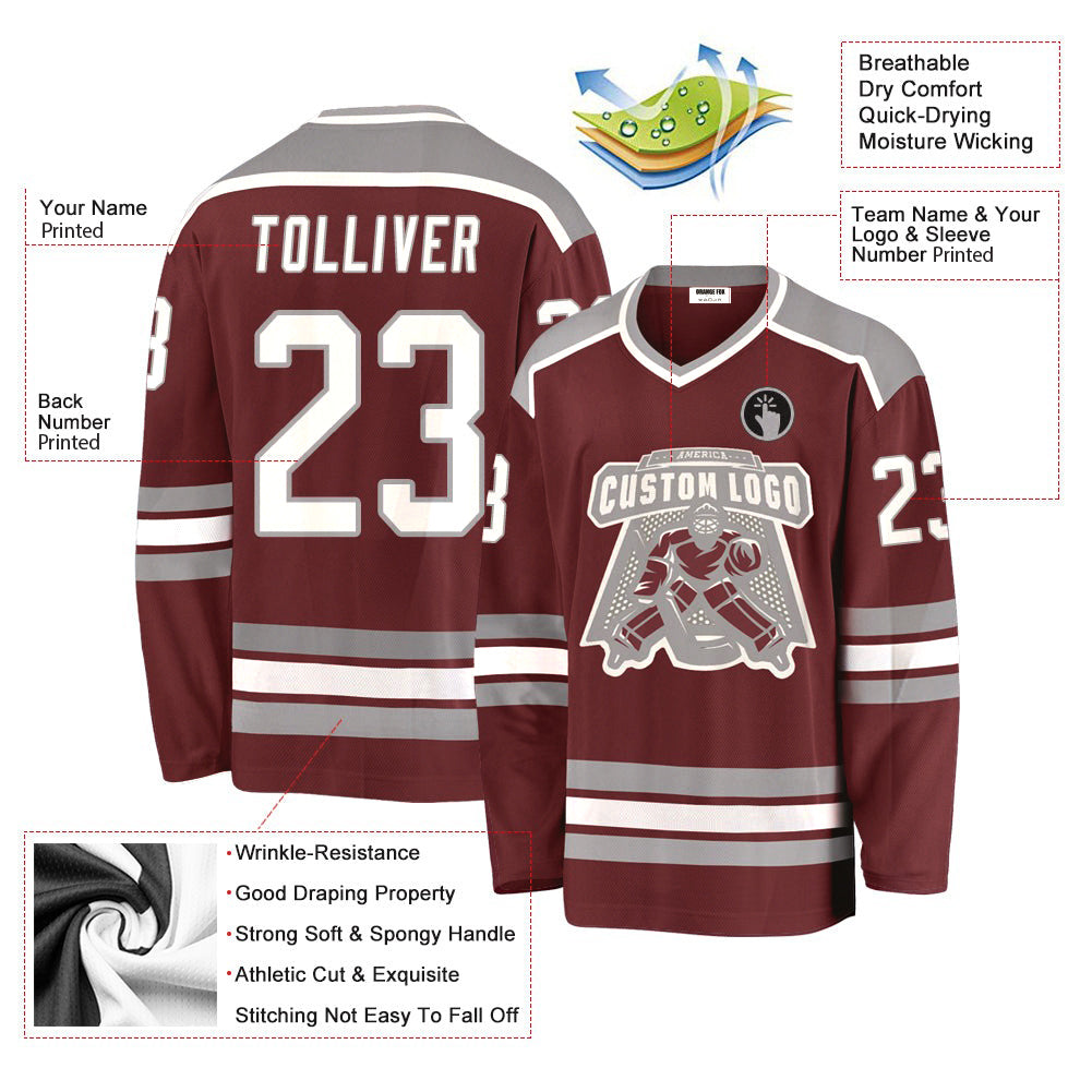 Custom Burgundy White-Gray V Neck Hockey Jersey For Men & Women